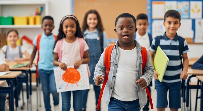 Down syndrome black child at the end of classes with other kids