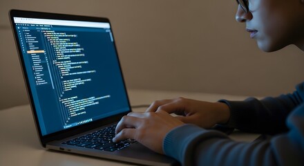 Person coding on laptop with dark blue screen displaying code in a dimly lit environment indoors