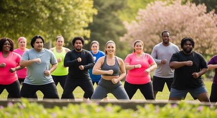 Overweight people training at the park with an instructor
