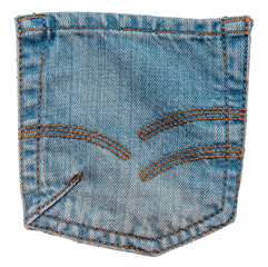 Piece of torn denim on a white background. Denim texture. Pocket