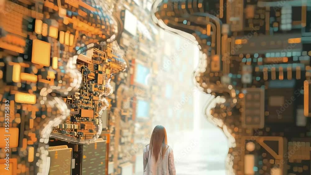 Poster digital exploration of artificial intelligence with human-like faces and circuitry in a futuristic l