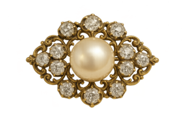 Ornate antique pearl and diamond brooch isolated on transparent background