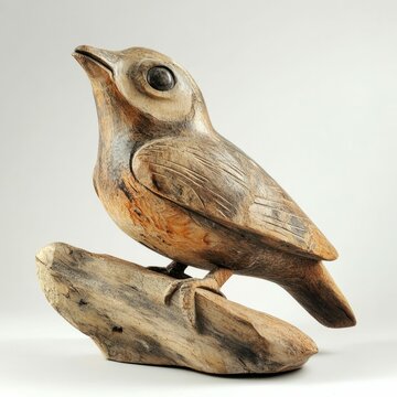 Isolated Wooden Folk Art Bird, Simple Carving of Songbird