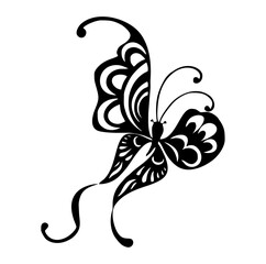 Butterfly Silhouette: A delicate butterfly silhouette with intricate wing patterns, rendered in striking simplicity against a stark background.