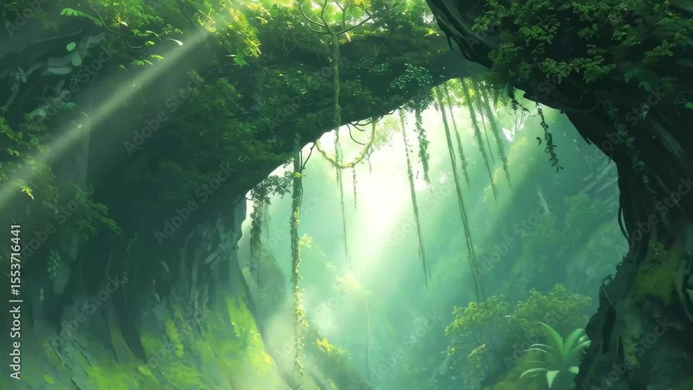 Poster enchanting sunlight filters through a lush forest, creating a magical atmosphere in the heart of nat