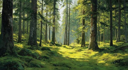 Fototapeta premium Lush forest path bathed in sunlight