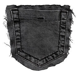 Piece of black torn denim on a white background. Denim texture. Pocket