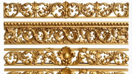 Detailed gold baroque architectural elements in horizontal rows with ornate leaf and flower patterns against a white background. - Powered by Adobe