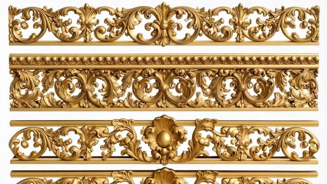 Detailed gold baroque architectural elements in horizontal rows with ornate leaf and flower patterns against a white background.