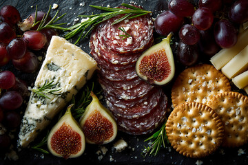 charcuterie board with salami cheese figs grapes crackers and rosemary arranged on dark slate background top down view of elegant gourmet appetizer snack platter for party or wine tasting