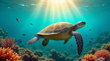Obraz premium Sea turtle swimming in crystal-clear waters, with underwater rocks and the open ocean in the background. Natural light filtering through the surface, creating shimmering reflections on its shell and t