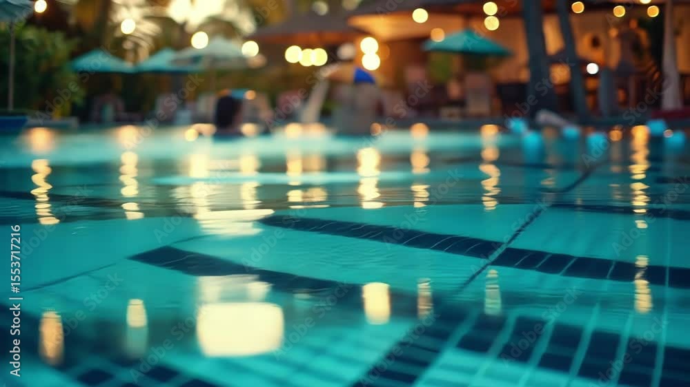 Poster defocused scene of a sparkling pool party with people enjoying the water and music in the background
