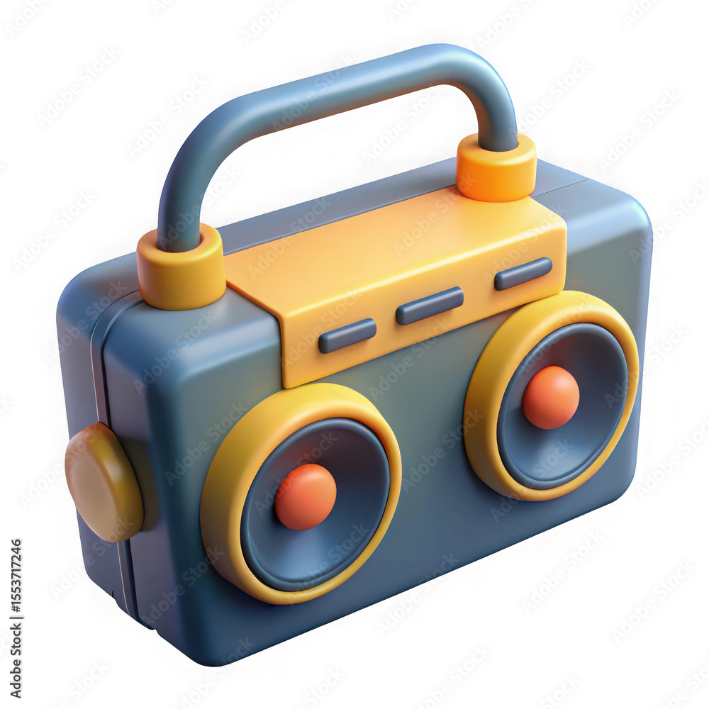Poster retro boombox music player with handle and speakers isolated on transparent background
