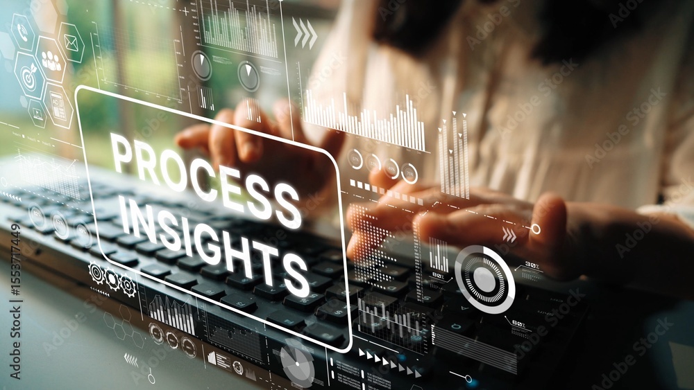 Poster hands typing on keyboard with digital data icons and process insights concept for business analysis 