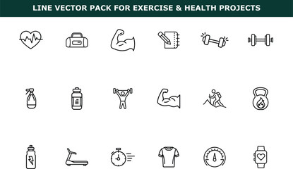 Line vector icons of fitness and health elements including heart rate bag weights treadmill and stopwatch