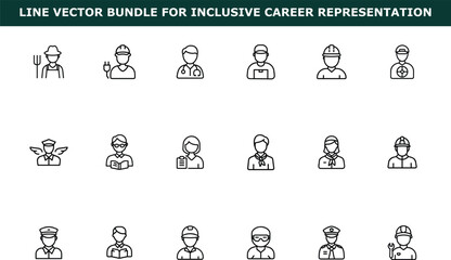 Line vector icons of various professions including farmer electrician doctor pilot teacher and mechanic