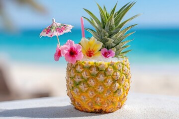 Tropical pineapple drink garnished with colorful flowers and a small umbrella, set against a serene beach backdrop with turquoise waters and soft sand, evoking a refreshing summer vibe