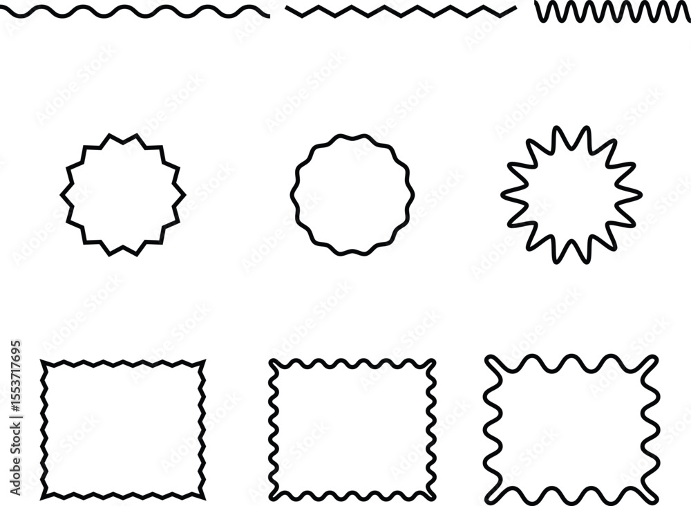 Poster collection of various wavy and zigzag line art elements and decorative borders on a white background