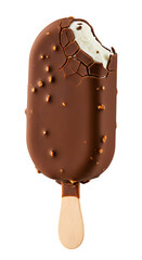 Delicious chocolate covered ice cream bar on a wooden stick featuring bite marks and cracks for tempting treats isolated on white or transparent background. PNG