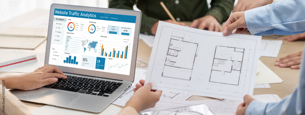 Poster computer software for website traffic analytics data on computer screen. concept of seo search engin