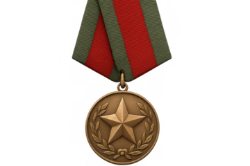 Bronze military medal featuring star, laurel wreath, hanging from red-green ribbon against transparent background