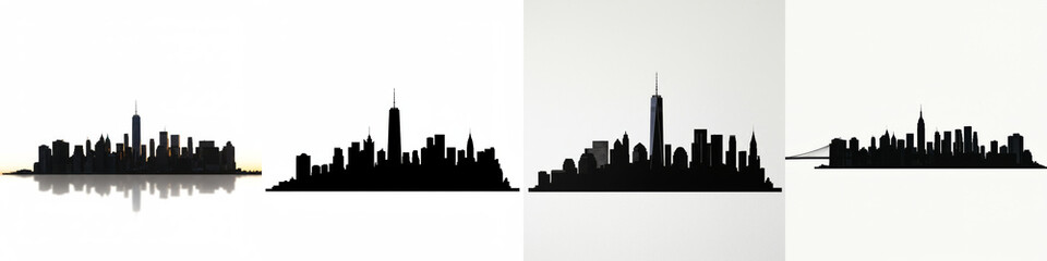 Fototapeta premium Cityscape Silhouette Collection - Four unique black silhouettes of a city skyline, perfect for urban design projects or presentations. Clean and modern aesthetic