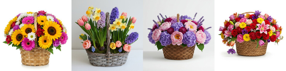 Obraz premium Colorful Flower Baskets Spring Summer - Four beautiful flower baskets filled with various colorful blooms, perfect for spring and summer celebrations