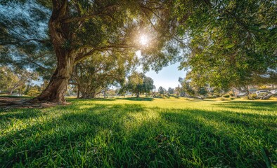 Fototapeta premium Sunny park scene with lush green grass and trees