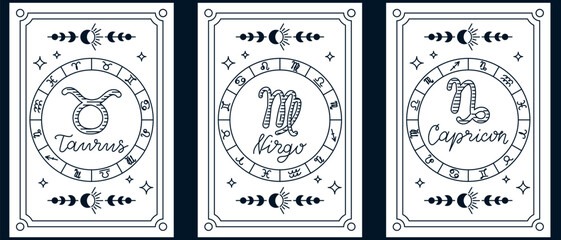 Minimalistic tarot-style cards showing zodiac signs Taurus, Virgo, and Capricorn with celestial elements. Concept of astrology, mysticism, and earth element horoscope symbolism
