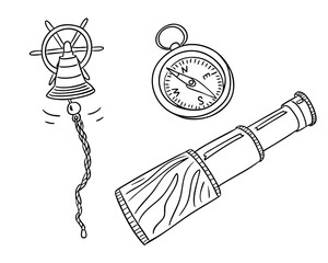 Set of nautical items including ship bell, compass, and spyglass drawn in hand sketched style. Concept of marine exploration, navigation tools, and sea adventure