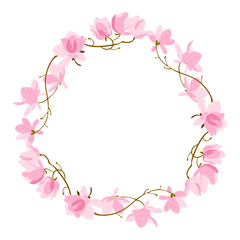Round floral wreath made of pink magnolia flowers and delicate vines arranged in an elegant oval frame. Concept of spring blossom, botanical decoration, and floral celebration