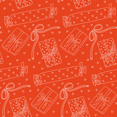 Seamless vector pattern of wrapped gifts, bows, and hearts on red background in hand drawn style. Concept of celebration, holiday wrapping, and festive gift giving