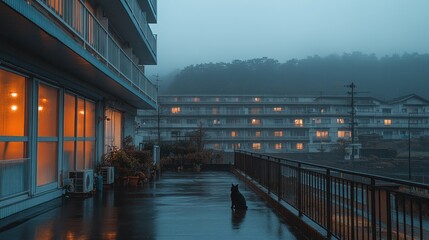 Obraz premium Misty urban balcony with a black cat