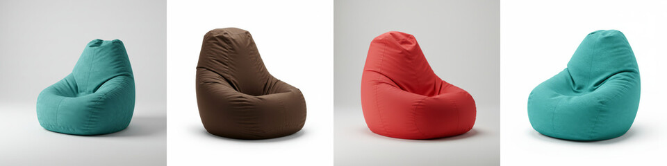 Comfortable Bean Bag Chairs in Various Colors - Four bean bag chairs in teal, brown, coral, and turquoise are shown against a white background. Perfect for relaxation and comfort
