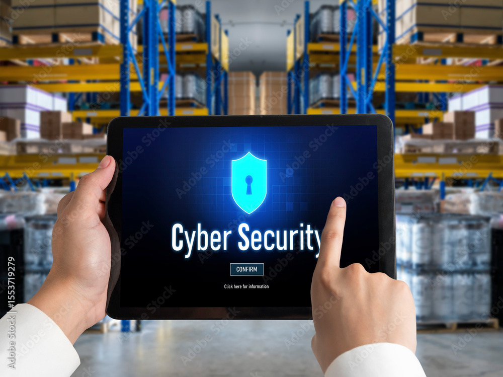 Poster cyber security system on computer screen protect private information snugly from hacker and cyber at