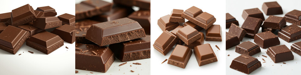 Fototapeta premium Delicious Chocolate Pieces on White - Sweet chocolate squares, chunks, and bars symbolize indulgence, richness, enjoyment, and a delightful treat.