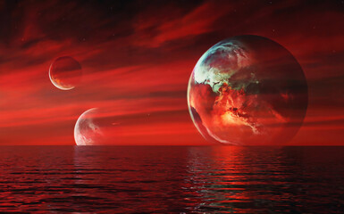 Fantastic seascape with three planets rising from the horizon in a red sky