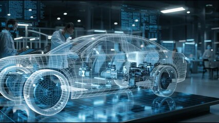 Explore how digital twin technology enhances the efficiency of car manufacturing. Engineers interact with a virtual model of the vehicle to optimize design and production processes in real time - Powered by Adobe