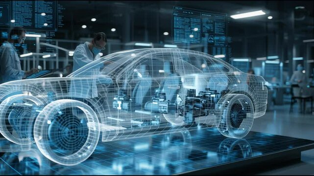 Explore how digital twin technology enhances the efficiency of car manufacturing. Engineers interact with a virtual model of the vehicle to optimize design and production processes in real time
