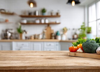Wooden kitchen table with fresh vegetables