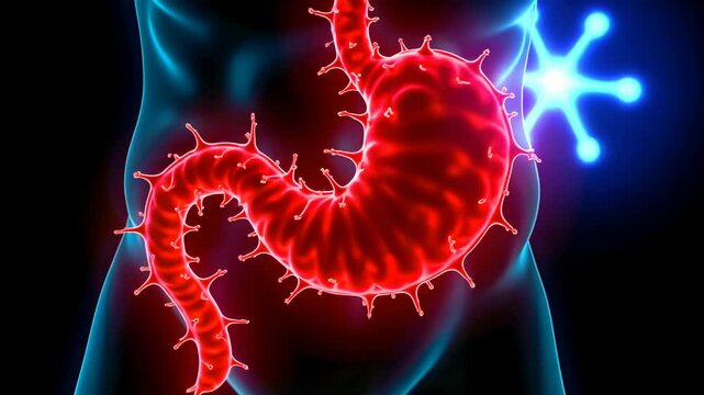 Abdominal pain, stomach cramps, intestinal inflammation. Digestive health. Stomach muscles tighten during spasms. Intestinal walls swell with irritation. Gut health relates to systemic wellness.