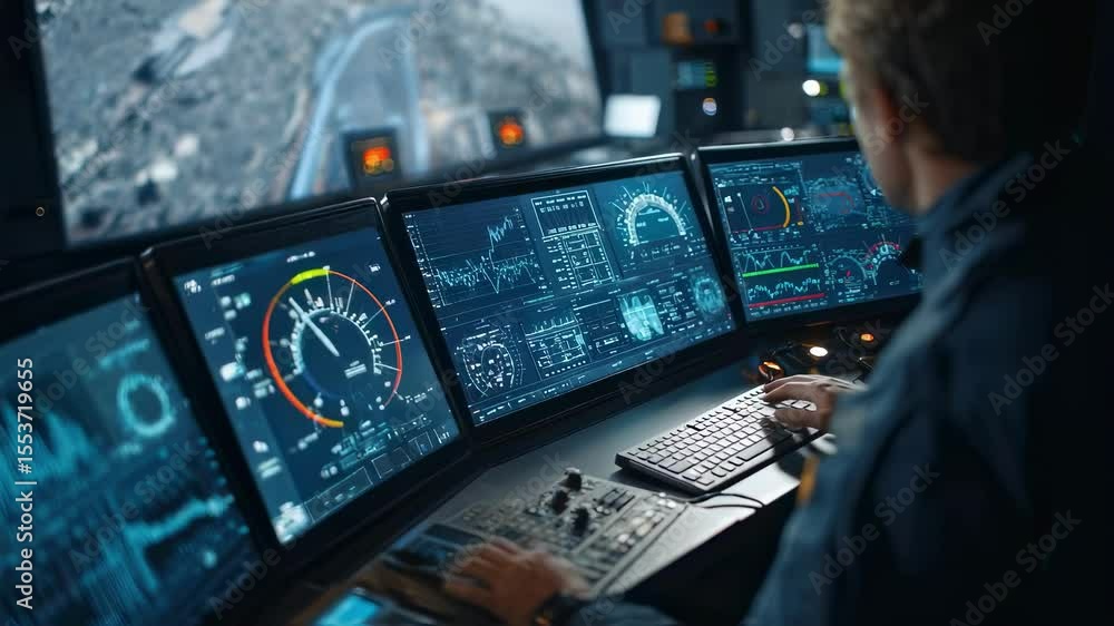 Poster flight control operator managing energy production in a power plant, using a computer software to mo