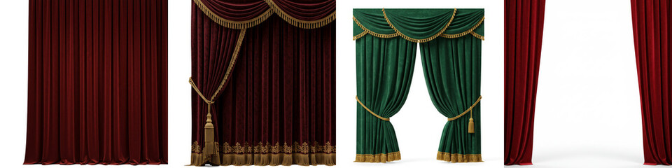 Elegant Drapes and Curtains on White - Luxurious velvet curtains, rich colors, elegant designs, stage-like grandeur, sophisticated home decor