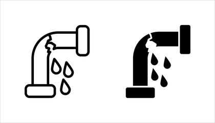 Broken water pipe icon set design. Broken pipe with leakage, isolated on white background
