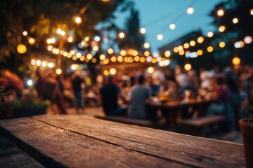 Outdoor party blurred background. Wooden table foreground