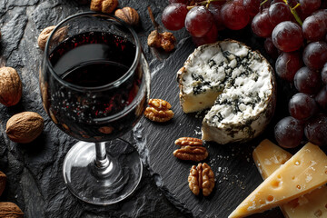 elegant wine and cheese pairing with red wine glass blue cheese grapes walnuts and hard cheese on black slate background gourmet snack for celebration tasting or romantic dinner