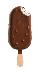 Tasty chocolate-coated ice cream bar with bite marks and surface cracks. Ideal for dessert ads or packaging. Isolated on white or transparent background. PNG 