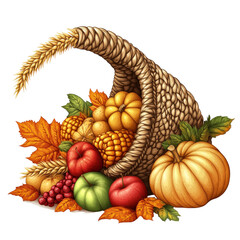 Colorful cornucopia filled with fresh fruits, pumpkins, and autumn leaves creating a warm harvest scene for Thanksgiving celebration and seasonal decor