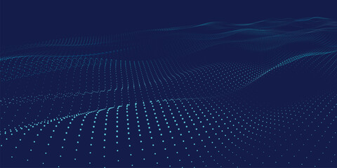 An abstract digital wave pattern that features illuminated blue dots against a dark backdrop, creating depth. Weave effect. 3D Abstract illustration.