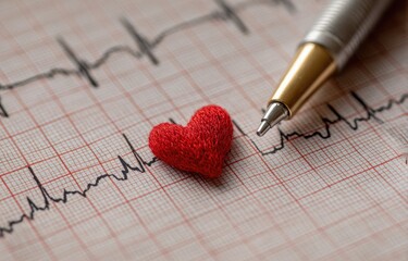 A small knitted red heart sits on a medical graph paper with a pen